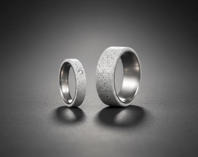 Titanium Concrete Wedding Ring Set, Matte Finish, Swarovski Crystal Accent. (00705_4S7N)
