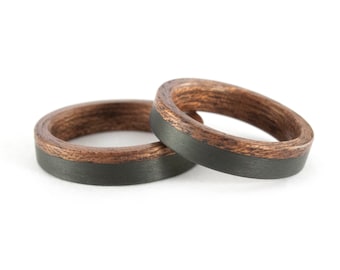 Carbon fiber and bentwood wedding ring set. Black flat cedar wood matching bands. Wooden engagement rings (00403_5N5N)