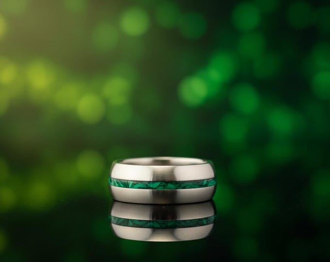 Handmade Titanium Wedding Band with Malachite Inlay. (03235_7N)
