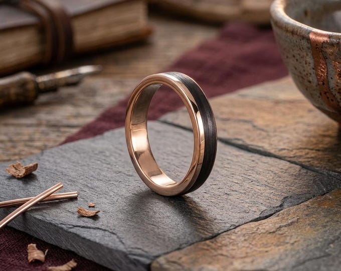 Rose Gold & Carbon Fiber Wedding Band, Unique Handmade Ring. (00444_4N)
