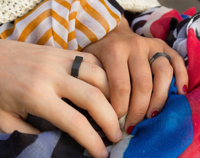 Handmade Faceted Titanium Carbon Fiber Wedding Ring Set. (00320_4N_00321_7N)