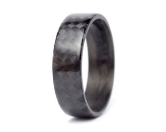 Carbon fiber flat ring for him. Black glossy mens wedding band. Carbon fiber flat engagement ring. Alternative wedding band (00105_7N)