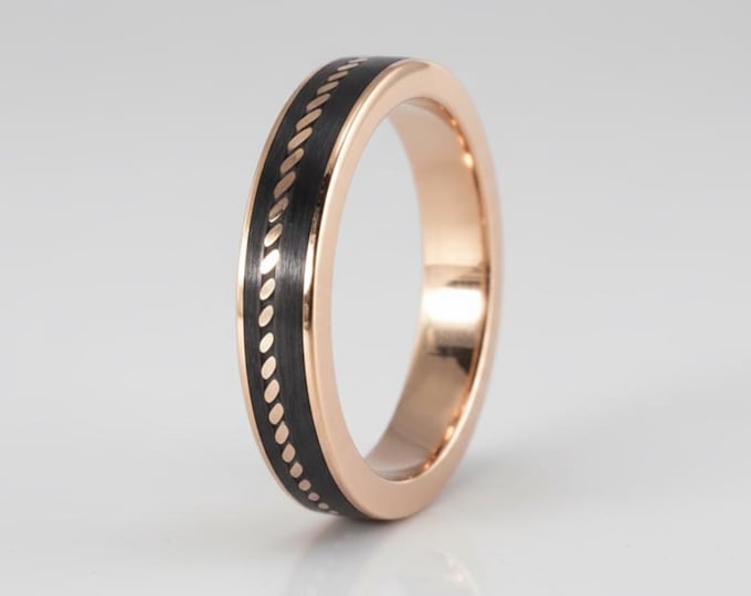 Handmade Rose Gold & Carbon Fiber Ring: Braided Wedding Band. (04711_5N)