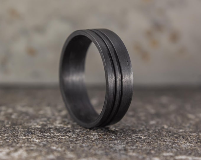Matte Carbon Fiber Ring for Men, Black Wedding Band with Stripes. (00108_7N)