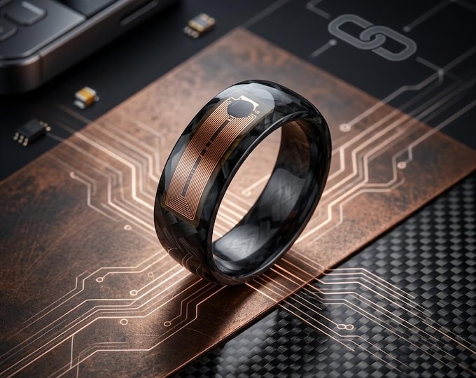 NFC Smart Ring glossy carbon fiber. Rounded black engagement ring.  (04901_8N)
