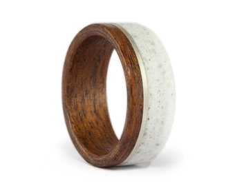 White marble and cedar wood ring with silver inlay. Marble wedding band. Wooden engagement ring (00625_8N)