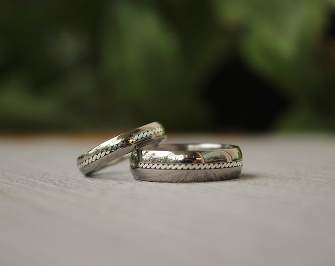 Handmade Titanium Wedding Ring Set with Braided Silver Strand. (04100_4N7N)