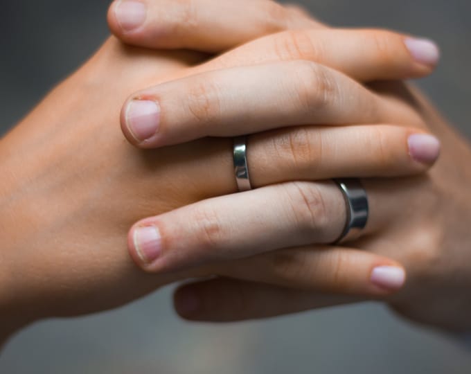 Handmade Polished Titanium Wedding Ring Set, Flat Matching Bands. (00004_4N7N)