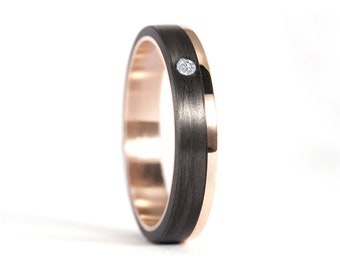 18K rose gold and carbon fiber ring with diamond. Black and gold wedding band. Unique design (00444_4D)