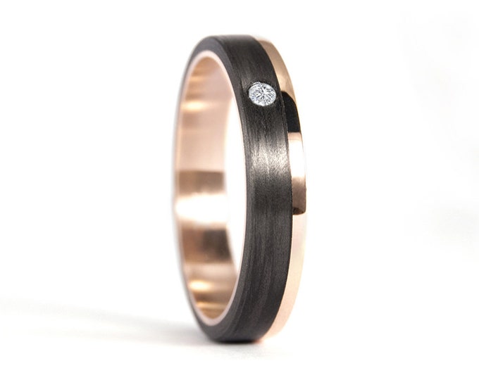18K Rose Gold Carbon Fiber Ring with Diamond: Unique Wedding Band. (00444_4D)