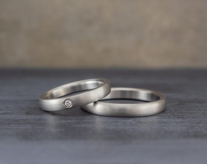 Matte Titanium Wedding Band Set, Swarovski Crystal, Hypoallergenic Bands. (00003_3S_4N)