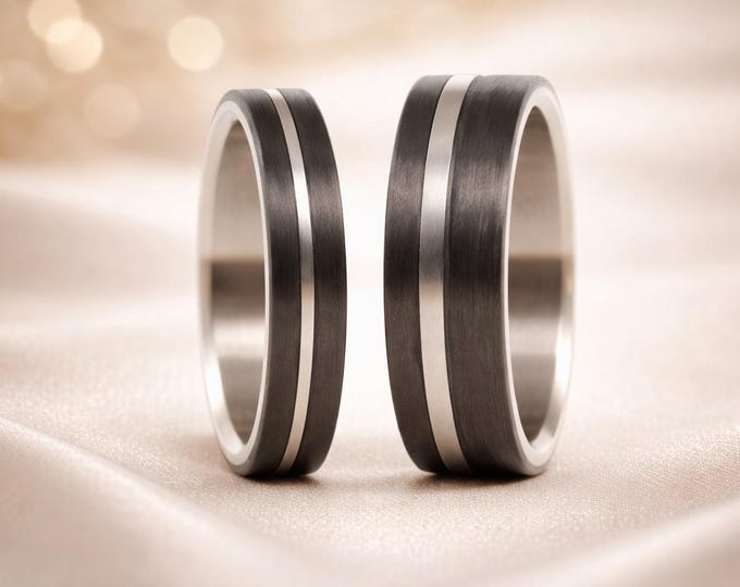 Carbon Fiber Titanium Wedding Band Set, Matte Black Rings. (00318_4N6N)