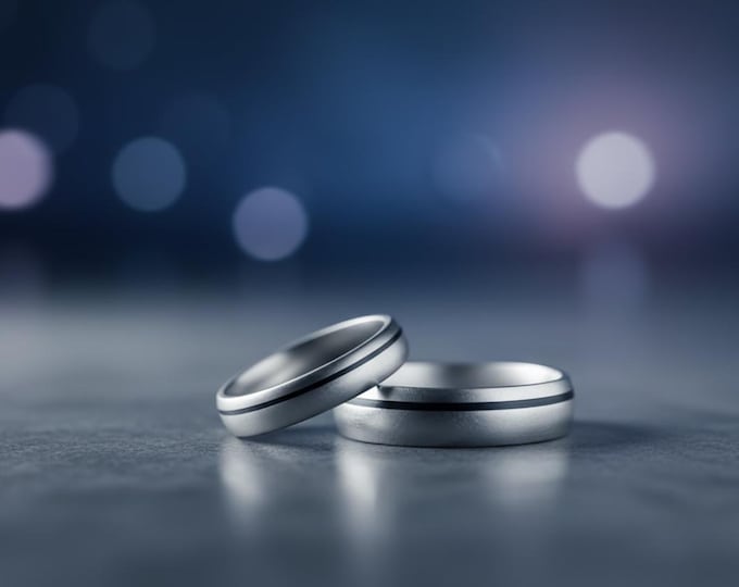 Titanium Carbon Fiber Wedding Band Set - Matte Rounded Rings. (00301_4N7N)