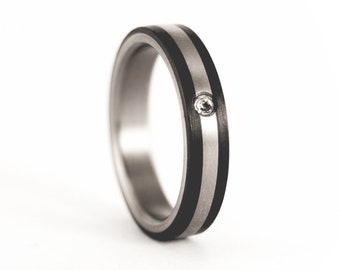 Matte titanium and carbon fiber ring with Swarovski crystal for her. Flat black womens wedding band. (00326_4S1)