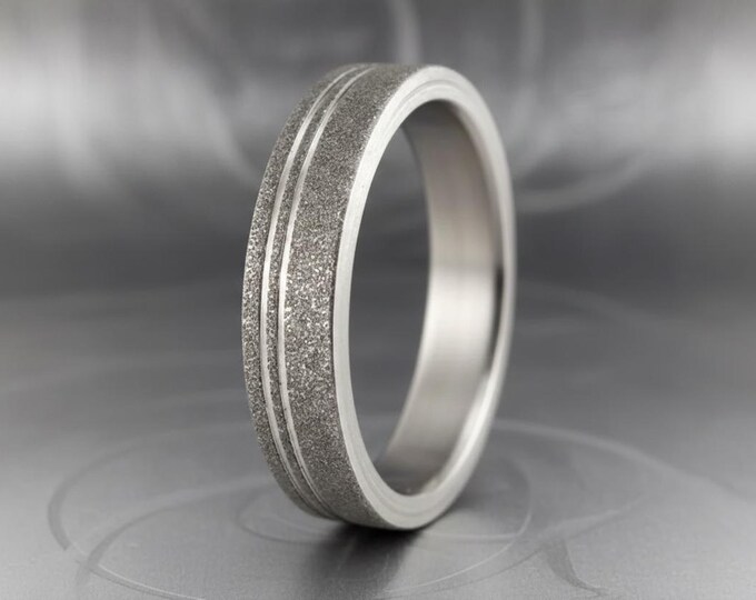 Sandblasted Titanium Ring, Flat Wedding Band with Inlays. (00013_4N)