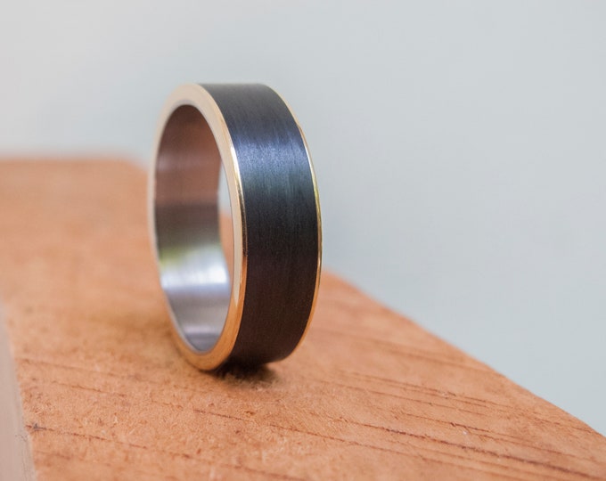 Titanium Wedding Ring, 18K Yellow Gold with Carbon Fiber Band