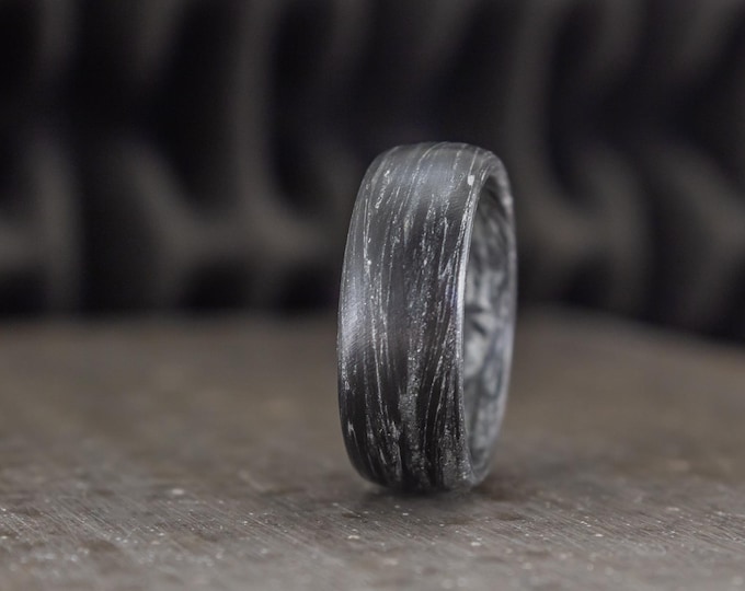 Matte Carbon Fiber Silver Marbled Ring, Black Mens Band. (00102_7N)