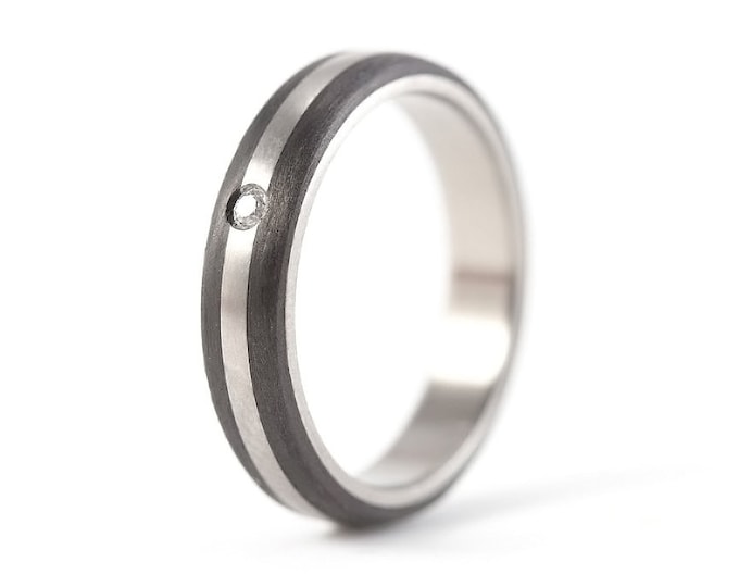 Handmade Carbon Fiber & Titanium Women's Ring with Diamond.