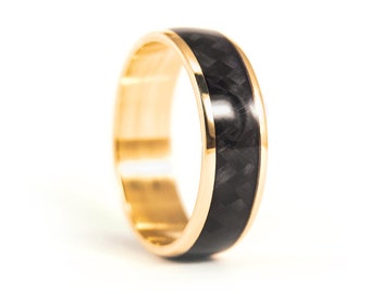 18K yellow gold ring with polished carbon fiber band. Black and gold wedding ring. Rounded golden engagement ring  (04709_7N)