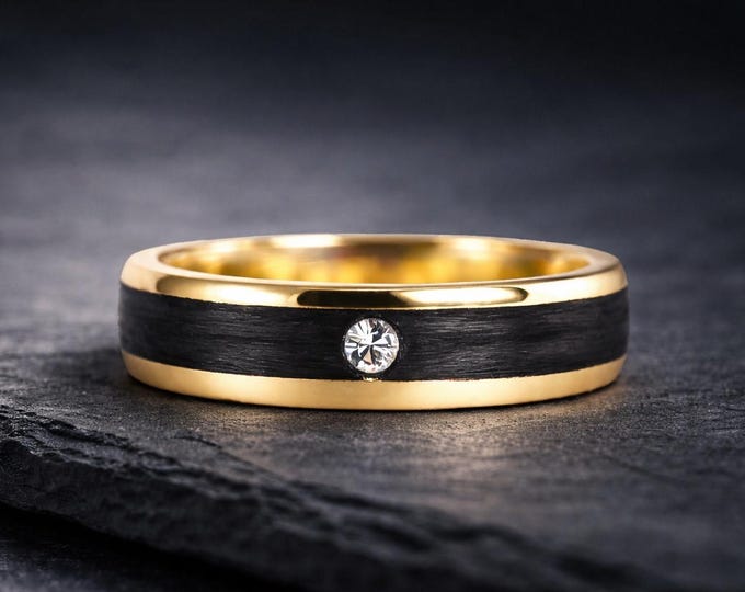 Handmade Titanium Carbon Fiber Ring: 18K Gold & Swarovski Gem. (04719_4S)