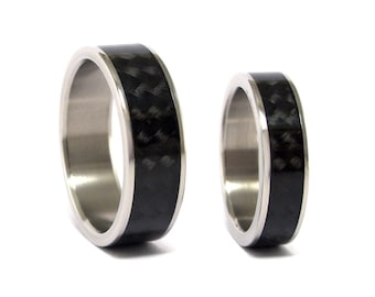 Titanium and carbon fiber wedding bands. Polished titanium and glossy carbon fiber wedding rings. Black his and hers ring (00337_5N7N)