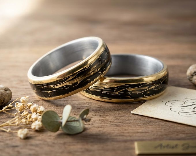 Titanium & 18K Gold Wedding Ring Set, Black Matching Bands. (04706_5N6N)