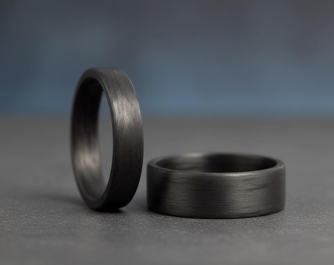 Matte Carbon Fiber Wedding Ring Set, Flat Matching Bands. (00101_4N7N)