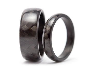 Gloss carbon fiber wedding bands. Black round wedding ring set. Carbon fiber matching bands. Engagement rings (00103_4N7N)