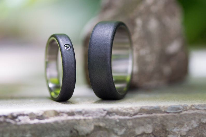 Titanium and Graphite Wedding Ring Set With Swarovski Crystal. Etsy