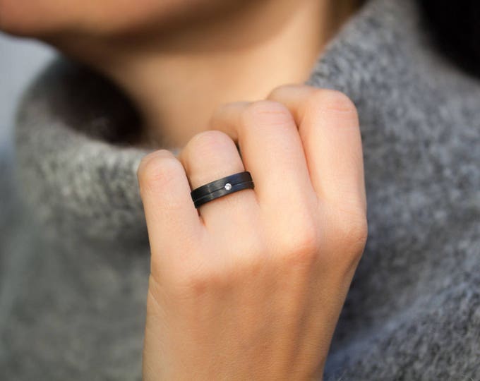 Matte Carbon Fiber Ring, Black Wedding Band with Swarovski Crystal. (00109_5S)