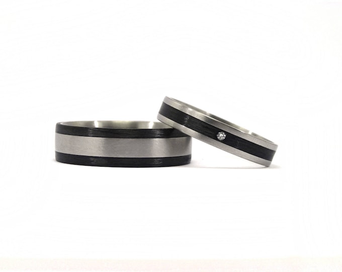 Handmade Titanium & Carbon Fiber Wedding Band Set, Swarovski Crystal