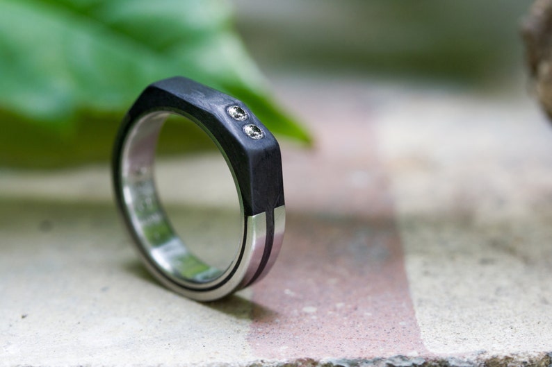 Titanium and Carbon Fiber Ring. Faceted Black Wedding Band Etsy