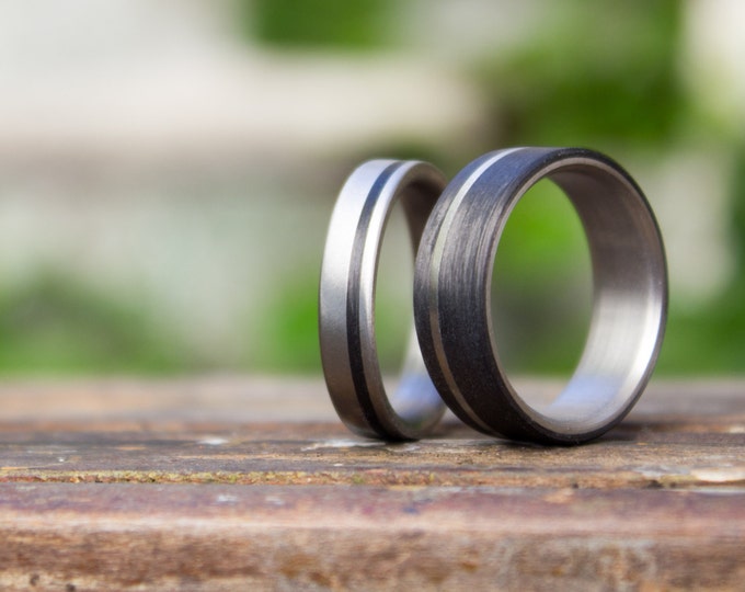 Titanium & Carbon Fiber Wedding Band Set, Matte Black Rings. (00313_4N_00318_7N)