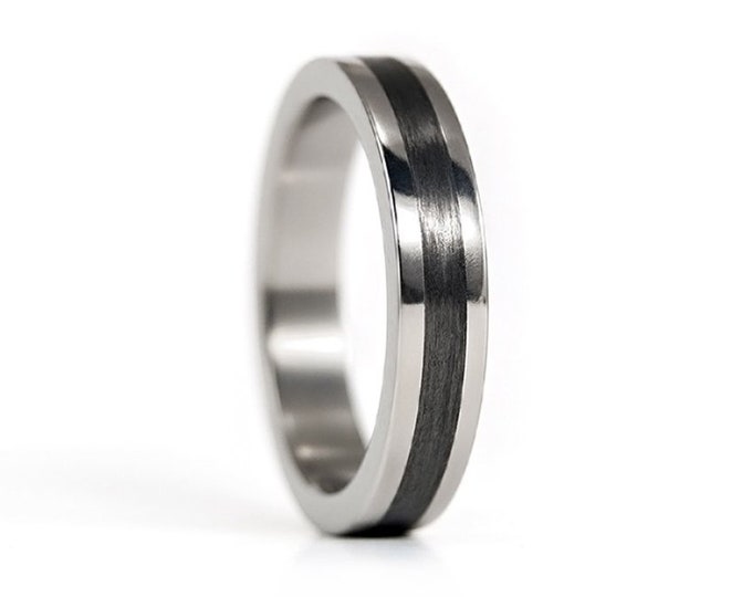 Womens Titanium Wedding Band, Polished Carbon Fiber Ring, Handmade. (00347_4N)