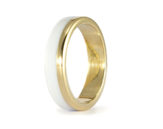 18K Yellow Gold Ring with White Corian Band, Handmade Flat Wedding Band. (00411_ 4N)