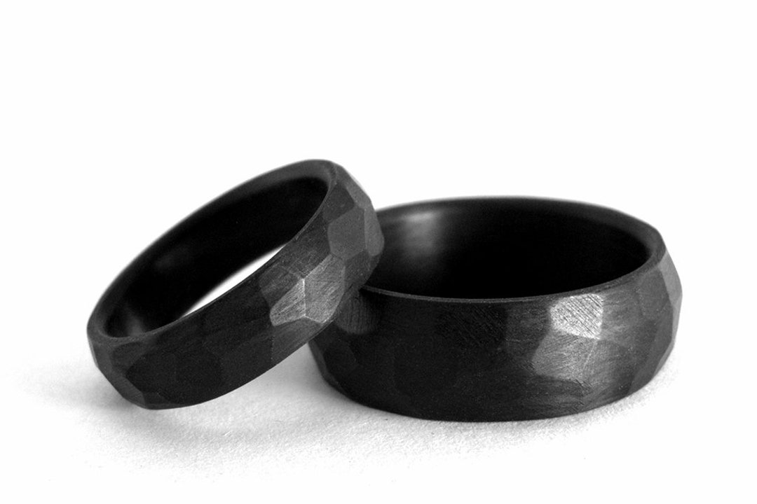 Set of Hammered Carbon Fiber Rings . Wedding Bands. Matte Carbon Fiber