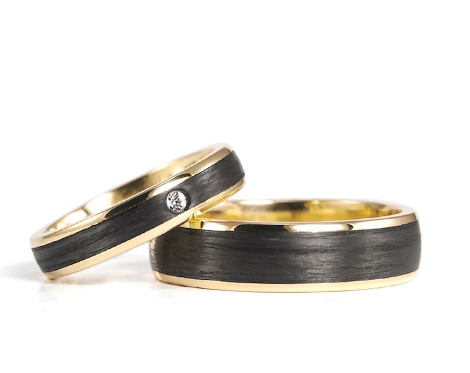 18K Gold Wedding Ring Set: Matte Carbon Fiber Band, Swarovski Crystal. (04710_4N6N)