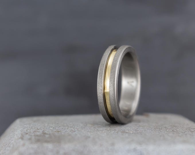 Sandblasted Titanium Ring with 18K Yellow Gold Inlay - Handmade Wedding Band. (00588_7N)