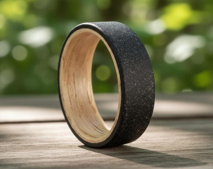 Matte Black Concrete & Oak Wood Ring, Men's Wedding Band. (00905_7N)