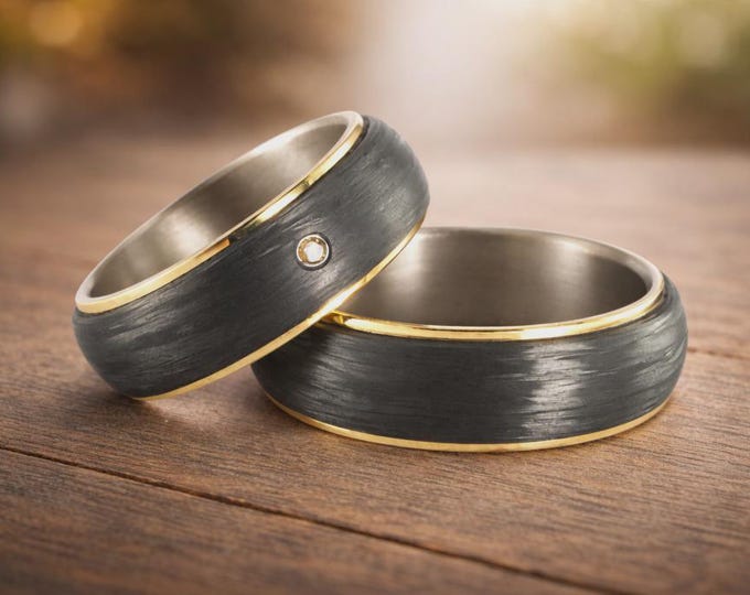 Handmade Titanium Wedding Ring Set: Carbon Fiber & 18K Gold, Swarovski Crystal. (00422_7S7N) FREE TAXES