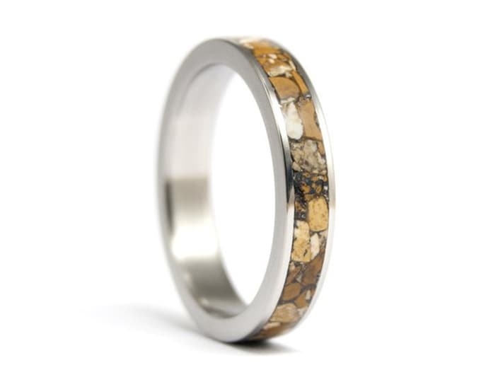 Handmade Titanium Ring with Brown Jasper Stone Inlay, Wedding Band. (03223_4N)