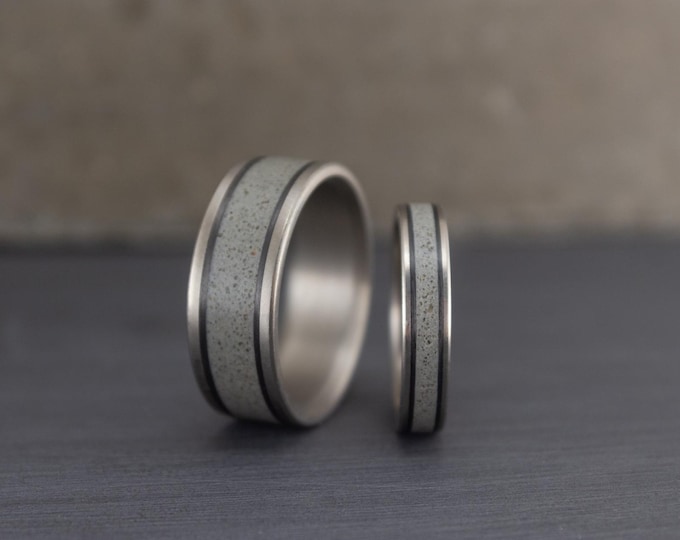 Matte Titanium Wedding Ring Set: Concrete & Carbon Fiber Inlays. (00800_4N7N)