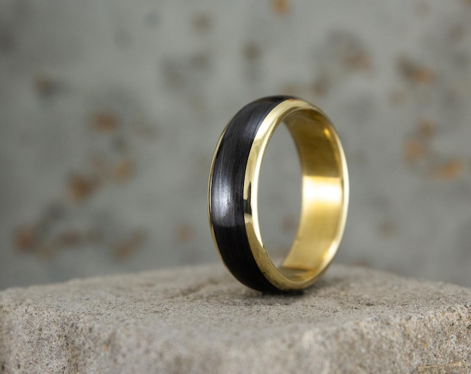 Yellow 18K gold ring with matte carbon fiber band. Black rounded wedding ring. Golden engagement ring  (04710_6N)