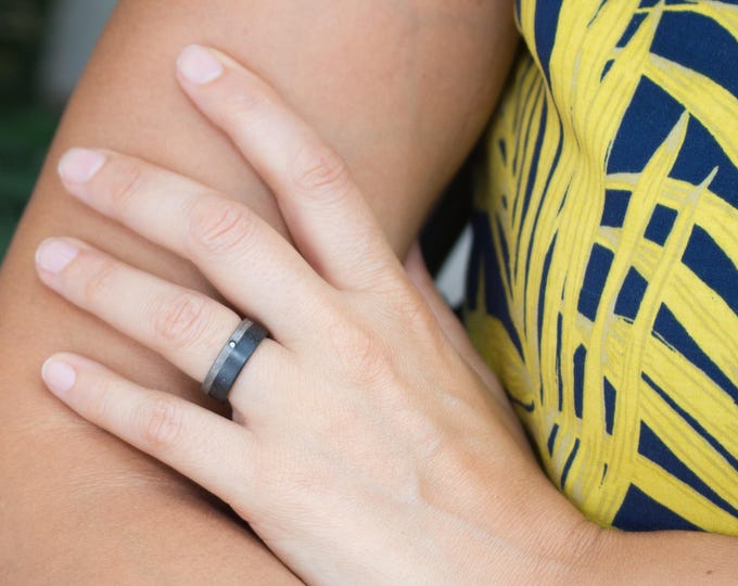 Handmade Concrete & Wood Ring with Swarovski Crystal, Black Wedding Band. (00903_5S)