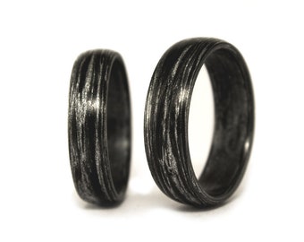 Matte carbon fiber and silver wedding ring set. Black matching wedding band. Round engagement rings his and hers (00102_4N7N)