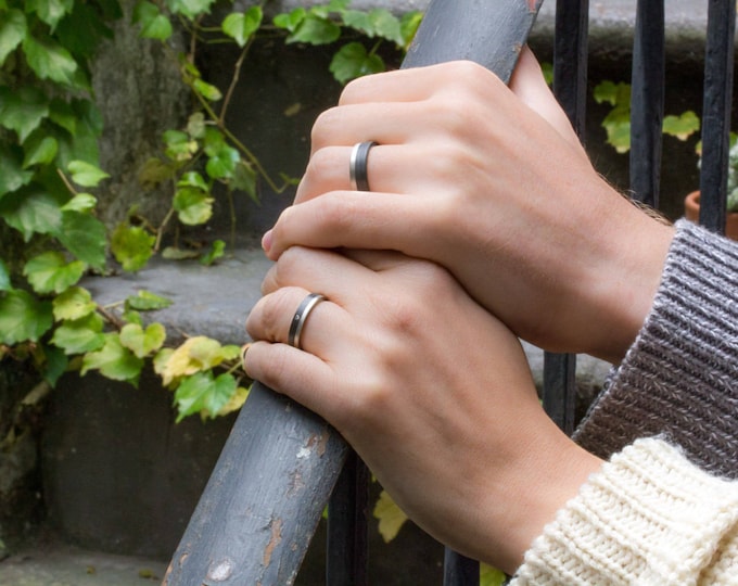 Titanium Carbon Fiber Wedding Ring Set - Black Matching Bands with Crystal. (00309_4S7N)