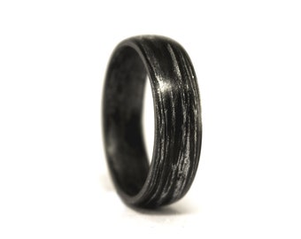 Matte carbon fiber and silver ring for him. Black mens wedding band. Round engagement ring for him.  (00102_7N)