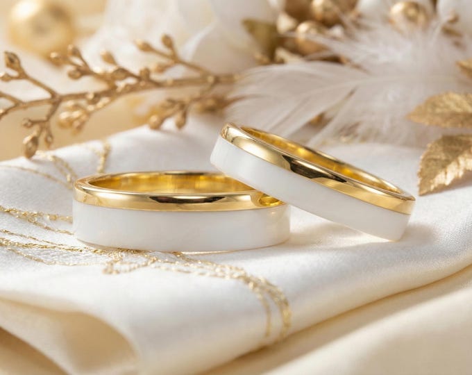 18K Yellow Gold Corian Wedding Band Set, Flat White Engagement Rings. (00411_4N5N)