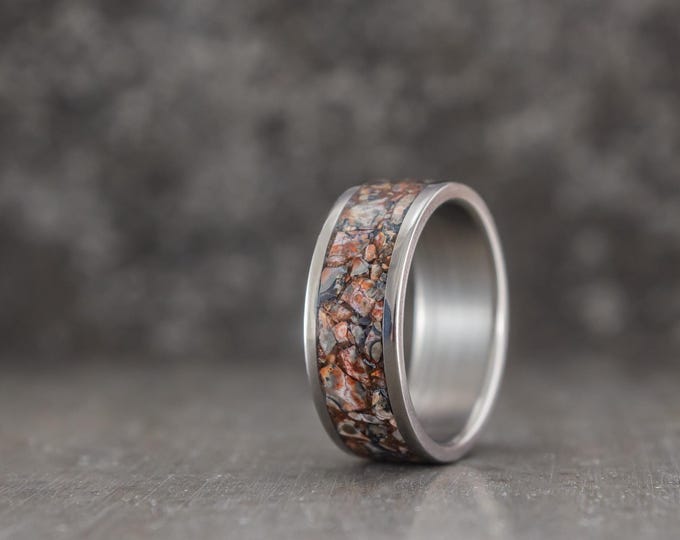 Handmade Leopard Jasper Titanium Ring, Polished Wedding Band. (03228_8N)