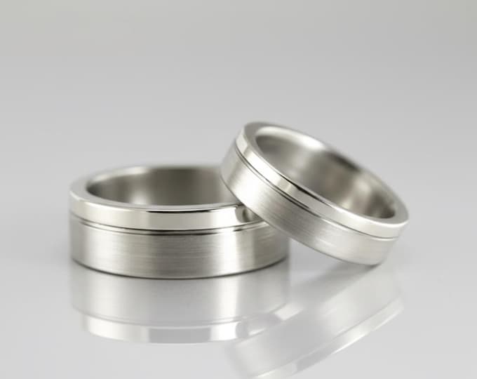 Titanium Wedding Ring Set, 18K White Gold Inlay, Matte Bands. (00557_4N7N)